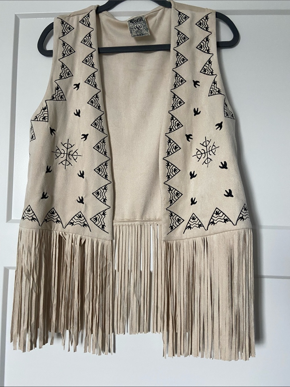 Cream Fringe Embroidered faux suede Vest